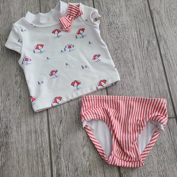 Janie and Jack Baby Girl Rash Guard bikini Swimsuit red & white stripe sz 6-12 M - Picture 1 of 5